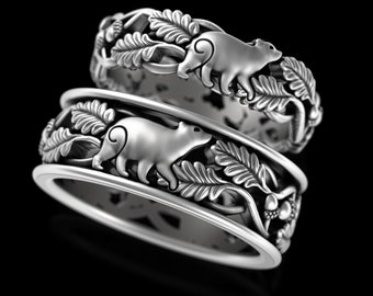 Sterling Bear His Hers Wedding Set, Matching Silver Bear Cub Wedding Bands, Bride Groom Nature Forest Ring Set, Handfasting Rings, 5554 5538