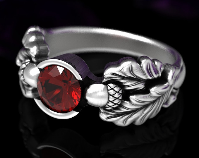 Sterling Silver & Ruby Engagement Ring, Leaf Engagement Ring, Oak Leaf Ring, Acorn Wedding Ring, Fall Wedding Ring, Acorn Ring, 1604