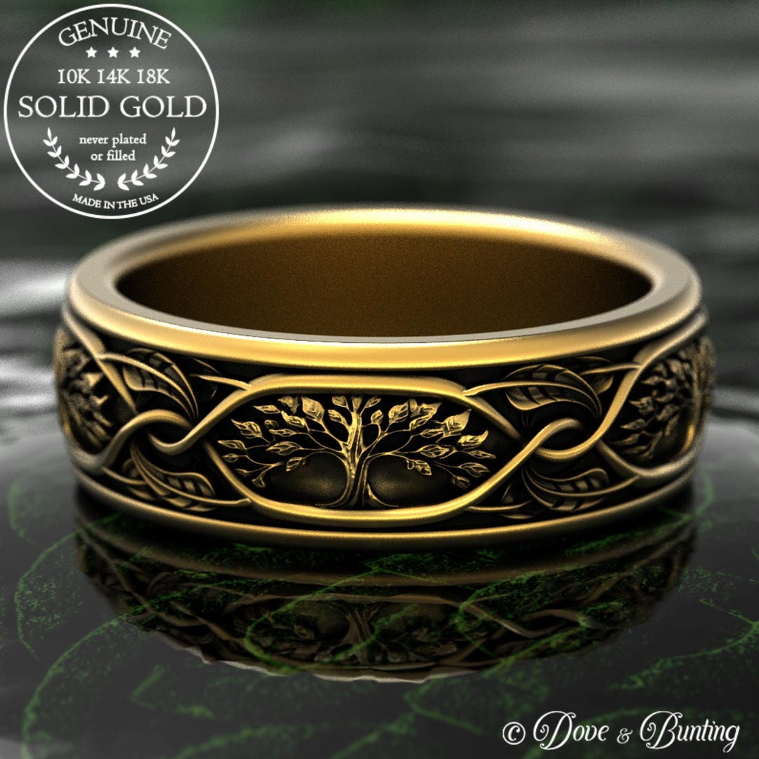 10K 14K Gold Tree Forest Wedding Band for Groom, Platinum Botanical Men ...