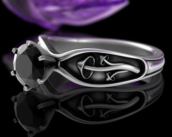 Silver & Black Spinel Witchy Engagement, Sterling Mushroom Black Solitaire Ring, Prong Head Shroom Wedding Ring, Psychedelic Ring 5004