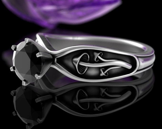 Silver & Black Spinel Witchy Engagement, Sterling Mushroom Black Solitaire Ring, Prong Head Shroom Wedding Ring, Psychedelic Ring 5004