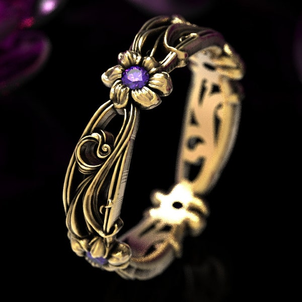 Gold Amethyst Jugendstil Blumenring, 10K 14K 18K Gold Platin, Amethyst Blumen Ehering, Einzigartiger Amethyst Blumen Ehering, 5018