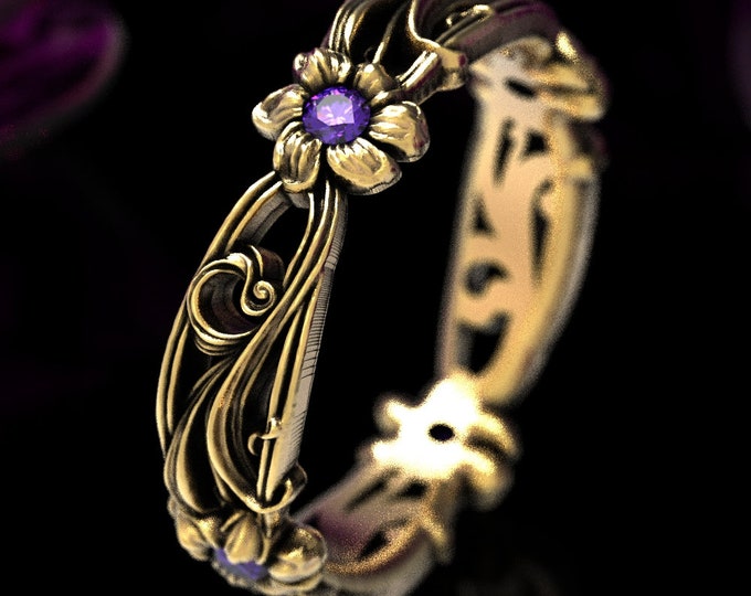 Gold Amethyst Art Nouveau Flower Ring, 10K 14K 18K Gold Platinum, Amethyst Flower Wedding Band, Unique Amethyst Flower Wedding Ring, 5018