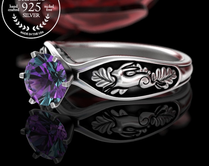 Alexandrite Bunny Rabbit Solitaire, Sterling Rabbits Proposal Ring, Amethyst Bunnie Engagement Ring, Silver Bridal Bunny Wedding Ring, 5002