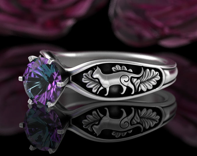 Sterling Alexandrite Cat Engagement Ring, Silver 1 Carat Feline Solitaire Ring, Womens Kitty Cat Wedding Ring, Emerald Bridal Kitten, 5010