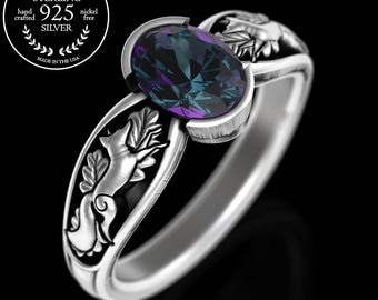 Lady Fox Alexandrite Engagement Ring, Sterling Foxes Lover Wedding Ring, Oak Leaves Marriage, Oval Bezel Nature Theme Proposal Ring, 5055