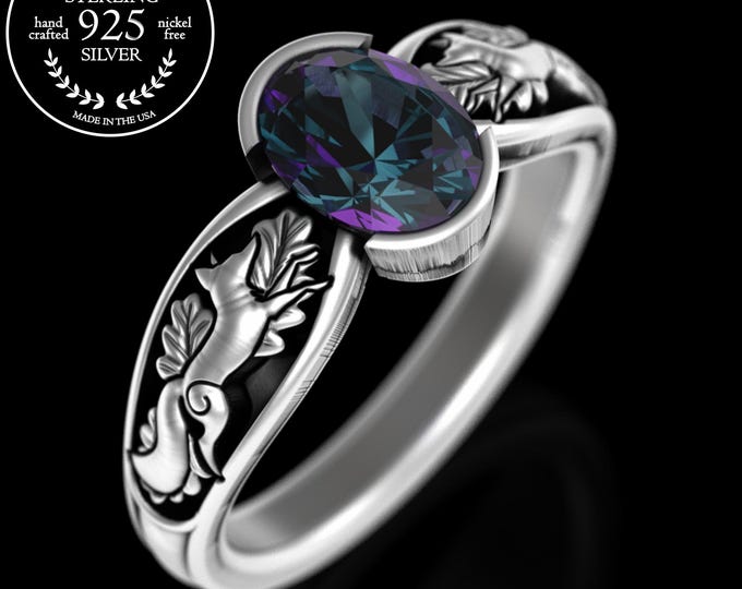 Lady Fox Alexandrite Engagement Ring, Sterling Foxes Lover Wedding Ring, Oak Leaves Marriage, Oval Bezel Nature Theme Proposal Ring, 5055
