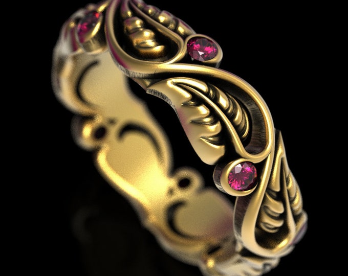 Ruby Leaf Ring, Gold Leaf Ring, Womans Leaf Ring, Nature Wedding Ring, Floral Wedding Band, Vintage Leaf Ring, Womens Nature Ring, 1626