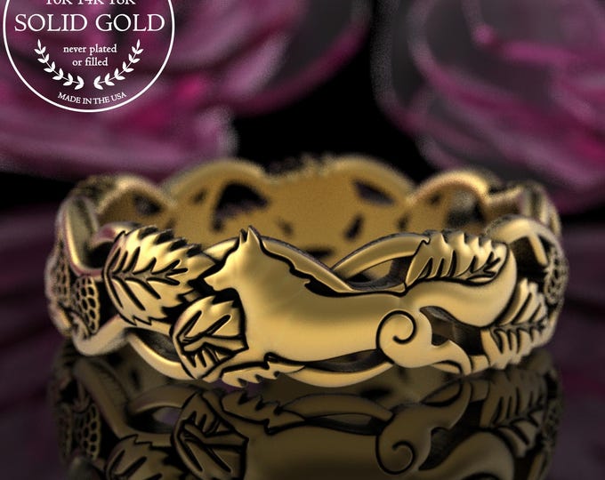 14K Gold Botanical Wolf Ring, Woman's 18K Running Wolf Wedding Ring, Platinum Nature Inspired Canine Ring, 10K Gold Husky Dog Jewelry, 5708