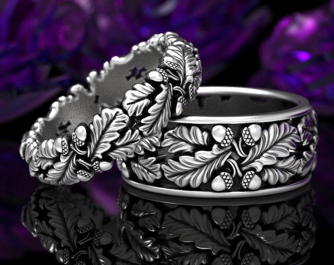 Sterling Silver Wedding Ring Set, Nature Wedding Rings, His Hers Nature Rings, Oak Leaf Rings, Matching Wedding Rings, Acorn Ring, 1605 1606