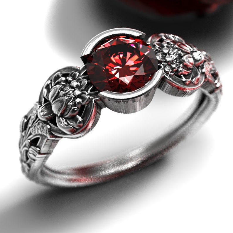 Waterlily Wedding Ring Lotus Ruby Ring DB177-R1A Sterling Silver Art Nouveau Ring Ruby Ring with Lotus Floral Engagement Ring