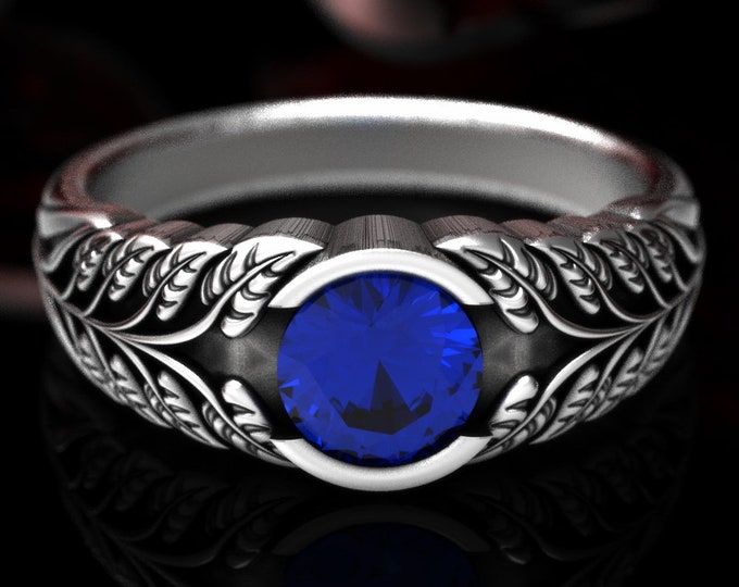 Leaf Engagement Ring, Sterling Silver Leaf Engagement, Sapphire Floral Engagement Ring, Silver Leaf Wedding Ring, Botanical Engagement, 1662