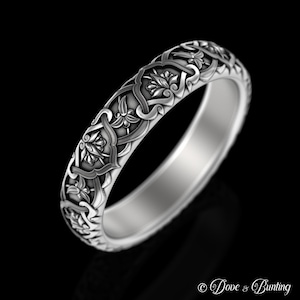 Botanical Scrollwork Art Nouveau Ring, Sterling Silver Female Delicate Wedding Band, Intricate Floral Pattern Ring, Bridal Flower Band, 5029