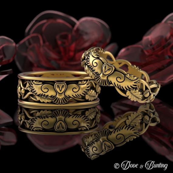 10K Gold His Hers Matching Owl Wedding Bands, 14K White Gold  display picture 3