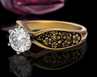 10K 14K Gold Forget-Me-Not Engagement Ring, Moissanite White Gold Bridal Flower, Solitaire Floral Ring, Platinum Botanical Wedding Ring 5027