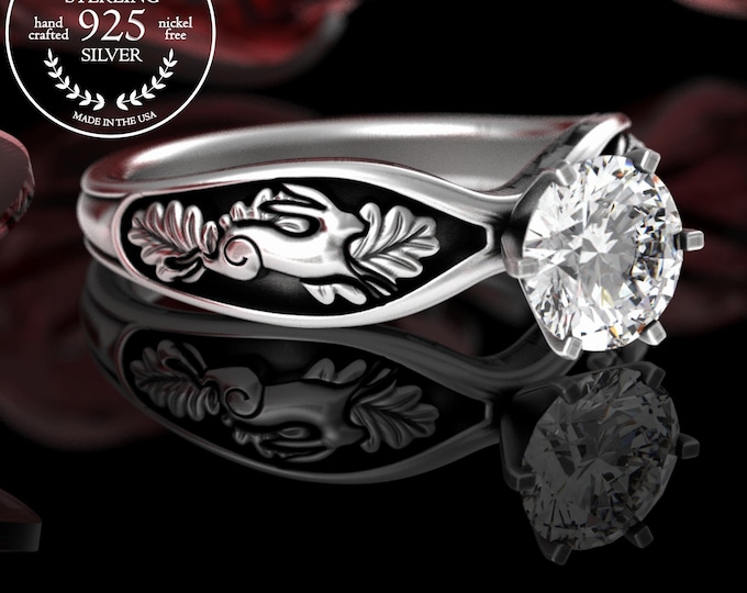 Womens Rabbit Solitaire Wedding Ring, Sterling & Moissanite Bunny Engagement Ring, Woodland Hare Ring, Silver Oak Tree Forest Jewelry, 5002