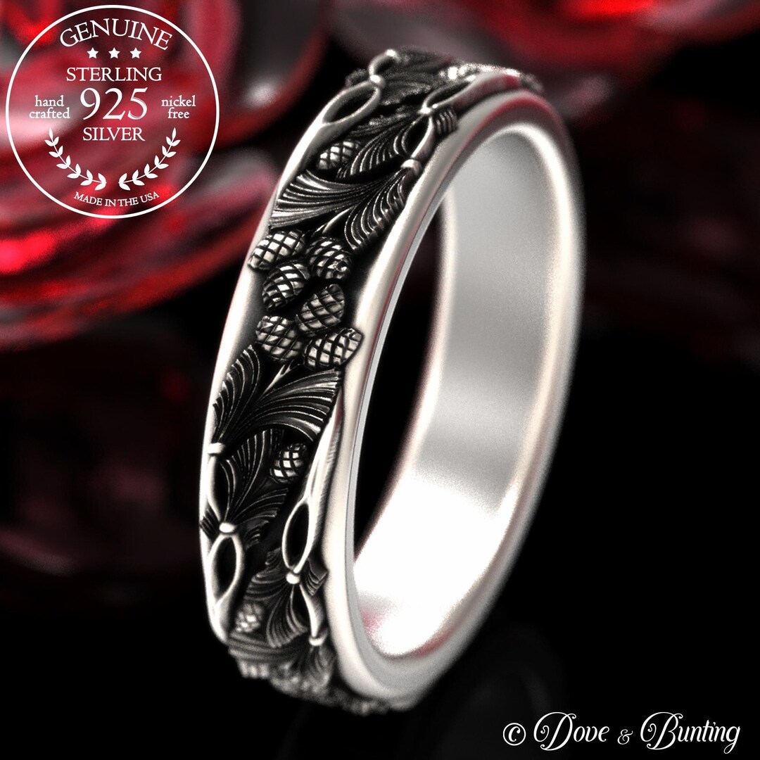 Delicate Forest Wedding Band for Woman, Sterling Conifer Tree Ring ...