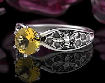 Honey Bee Solitaire Ring, Sterling & Yellow Sapphire Bumblebee Engagement Ring, Honeycomb Wedding Ring, Silver Queen Bee Wedding Ring, 5028
