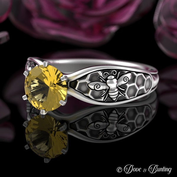 Honey Bee Solitaire Ring, Sterling & Yellow Sapphire Bumblebee Engagement Ring, Honeycomb Wedding Ring, Silver Queen Bee Wedding Ring, 5028