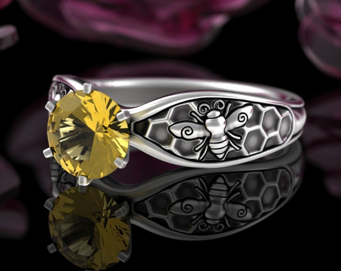 Honey Bee Solitaire Ring, Sterling & Yellow Sapphire Bumblebee Engagement Ring, Honeycomb Wedding Ring, Silver Queen Bee Wedding Ring, 5028