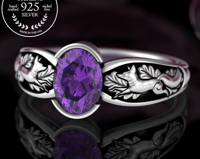 Amethyst Oval Fox Solitaire Ring, Sterling Kitsune Nature Wedding Ring, Oak Leaf Statement Ring, Foxes Engagement, Bezel Proposal,  5055