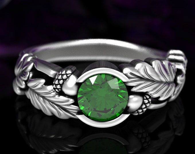 Nature Engagement Ring, Oak Leaf Ring, Sterling Silver & Emerald Engagement Ring, Acorn Wedding Ring, Fall Wedding Ring, Leaf Ring, 1603