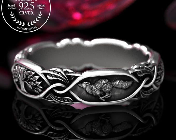 Sterling Running Fox Ring, Silver Fox & Trees Wedding Band, Women's Fox Guardian Ring, Vixen Forest Ring, Foxy Lady Nature Ring, 2038