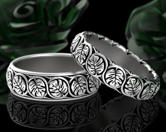 Monstera Matching Wedding Rings, Sterling Silver Monstera Ring Set, Organic Wedding Bands, Plant Wedding Rings, Sterling Ring Set, 3007 3008