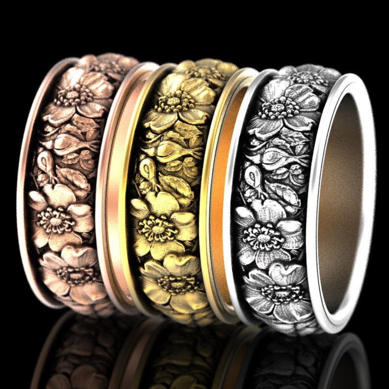 Gold Flower Wedding Ring Floral Ring Rose Wedding Band Gold Etsy