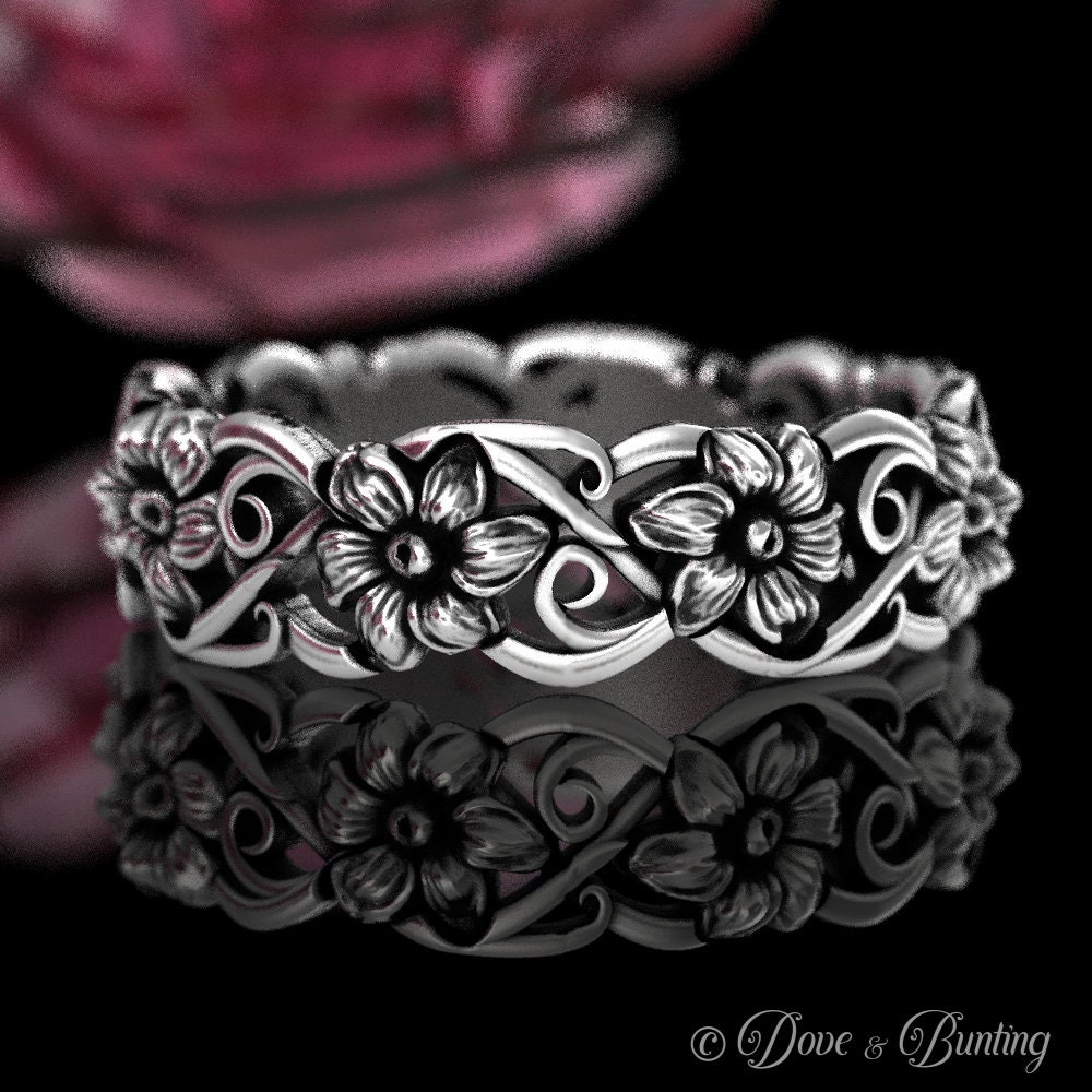 Daisy Flower Wedding Ring, Sterling Silver Daisy Wedding Band, Art