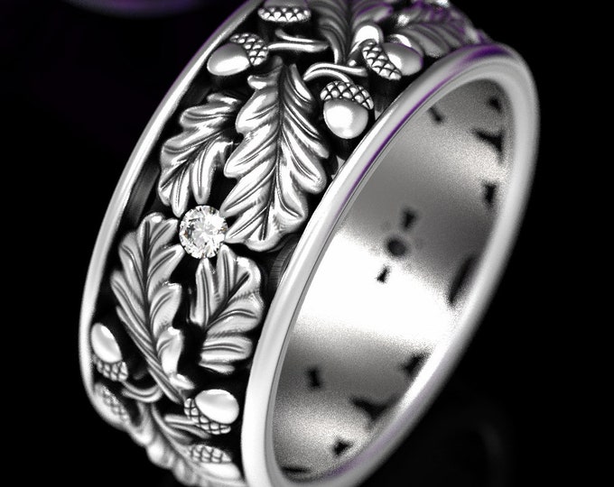 Mens Moissanite Ring, Silver Mens Ring, Nature Wedding Band, Silver Leaf Ring, Sterling Acorn Ring, Oak Leaf Ring, Nature Ring, 1611