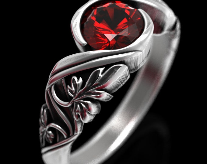 Art Nouveau Engagement Ring, Sterling Ruby Engagement Ring, Nature Wedding Ring, Flower Wedding Ring, Silver Floral Ring, Ruby Flower, 1513