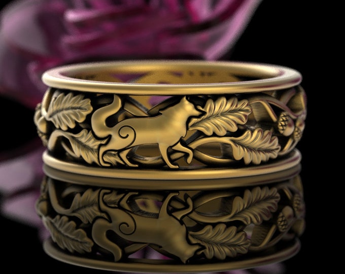 10K Gold Mens Wolf Wedding Ring, 14K Botanical Wolf Wedding Band, 18K White Gold Huskie Dog Wolf Ring, Platinum Grooms Forest Ring, 5551