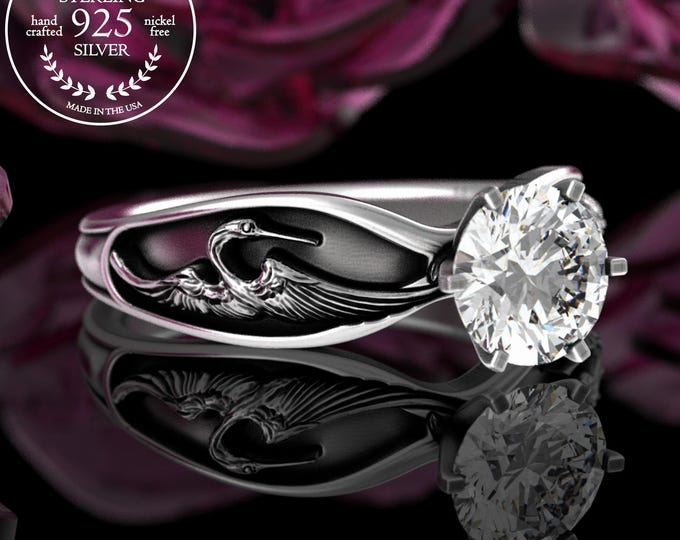 Crane Engagement Ring, Sterling Silver 1 Carat Moissanite Wedding Ring, Heron Wedding Ring, Bird Engagement Ring, Bird Solitaire Ring, 5005
