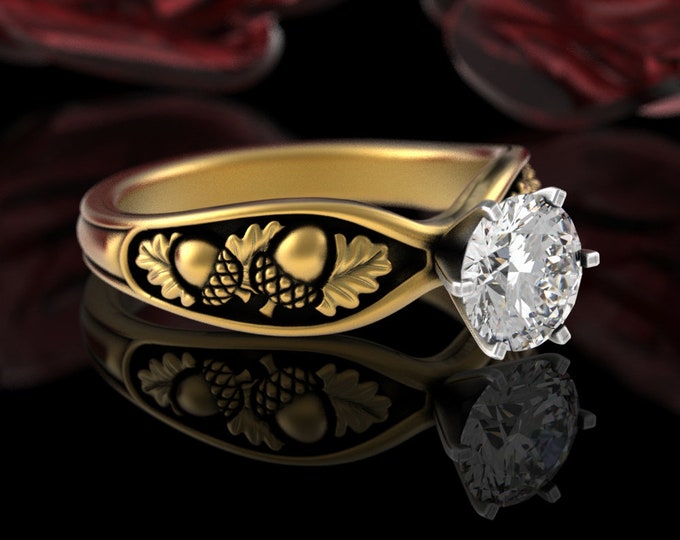 10K Gold Oak Forest Engagement Ring, 14K Gold Acorn Nature Solitaire Ring, Womens White Gold Moissanite Woodland Wedding Ring, 5008
