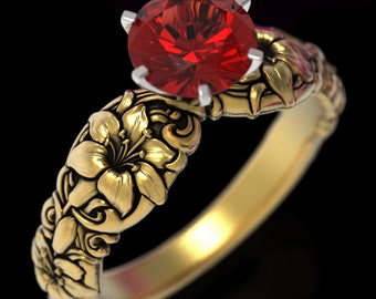 May include: A gold ring with a red gemstone and a floral design. The ring is set with a large, round, red gemstone in the center. The band of the ring is decorated with a floral design, featuring lilies and scrolls.