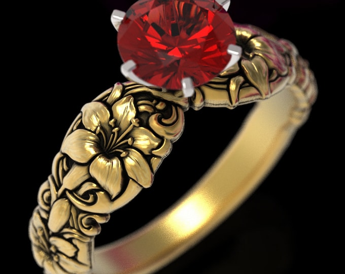 10K Ruby Lily Ring, 14K Gold Floral Engagement, Ruby Flower Ring, Vintage Inspired Flower Ring, Lily Wedding, 18K Art Nouveau Ring, 1866