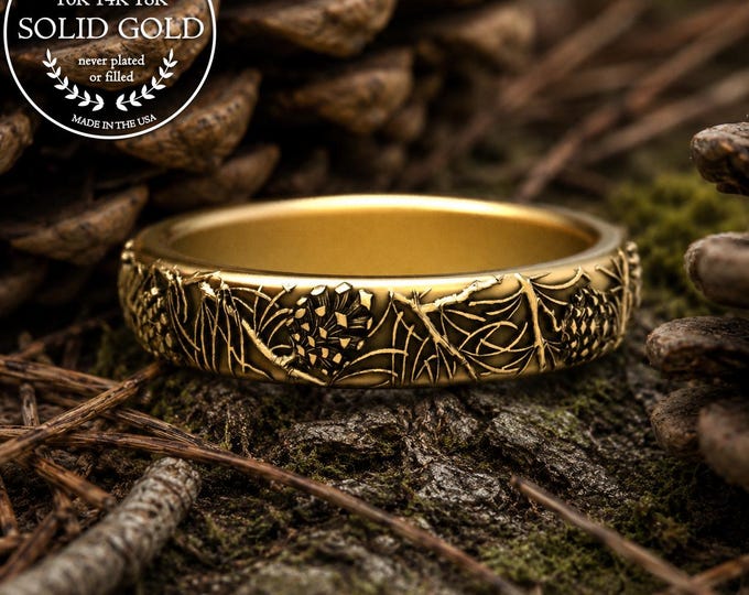 Ladies Gold Evergreen Tree Ring, 14K White Gold Women Forest Wedding Band, Platinum Pinecone Fir Ring, 18K Mountain Anniversary Jewelry 2061