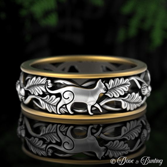 2tone Sterling 10K Gold Men's Cat Ring, Silver Gold Kitty Cat