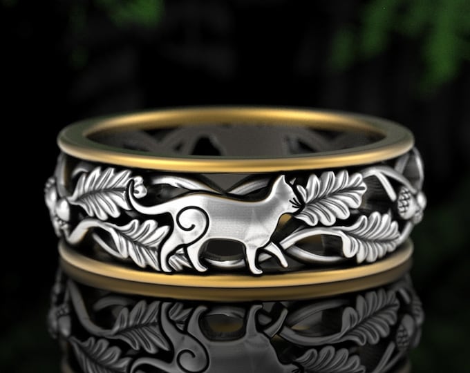 2tone Sterling & 10K Gold Men's Cat Ring, Silver Gold Kitty Cat Ring, Groom's Bi-metal Nature Wedding Band, Forest Anniversary Ring, 5800