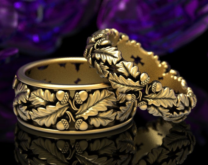 Matching Gold Wedding Set, Leaf Wedding Rings, Oak Tree Rings, Nature Rings, Forest Wedding Rings, His Hers Gold Wedding Rings, 1605 1606