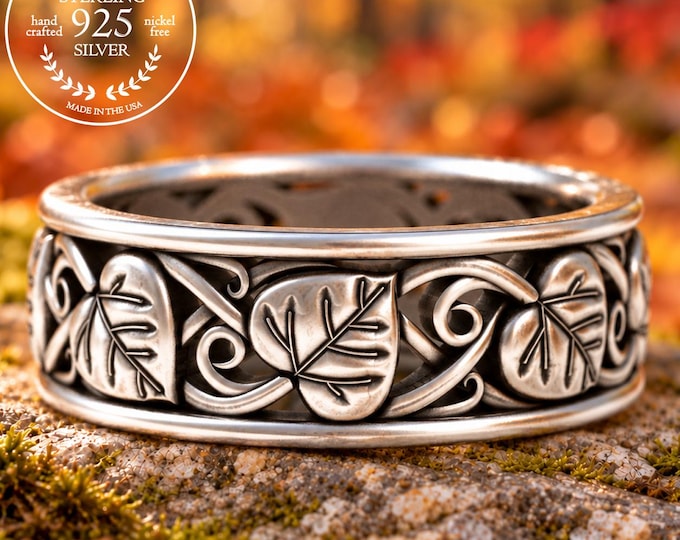 Men's Sterling Aspen Leaf Wedding Ring, Silver Botanical Groom Ring - Comfort Fit, 5568