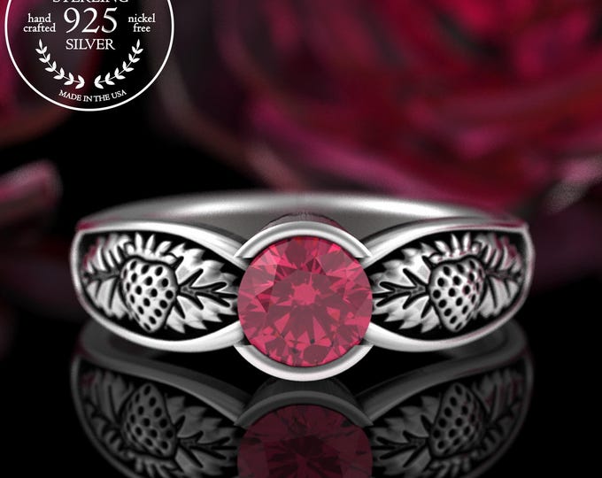 Sterling Juicy Strawberry Statement Ring, Silver Ruby Strawberries Engagement Ring, Bezel Set Nature Garden Wedding Ring, Berry Jewelry 5411