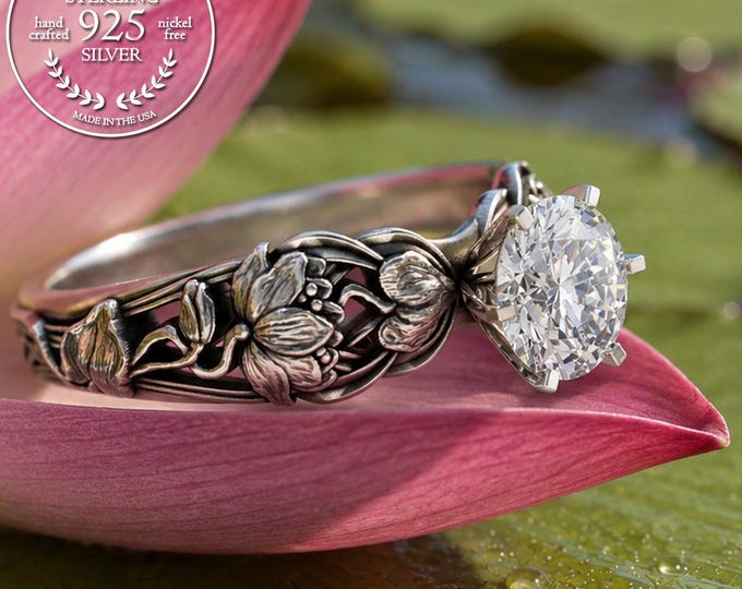 Sterling Silver Moissanite Engagement Ring, Water Lily Wedding Band, Art Nouveau Ring, Silver Lotus Ring, Flower Engagement Ring, 1863