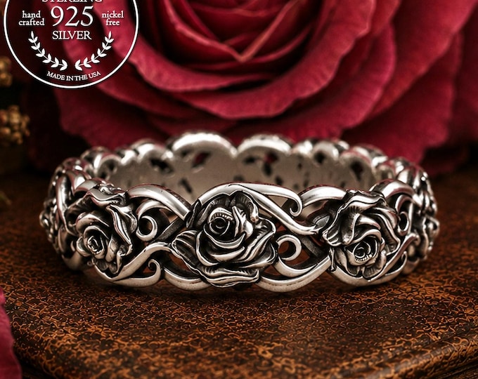 Sterling Silver Rose Wedding Ring, Womens Rose Flower Ring, Silver Flower Wedding Band, Elegant Floral Ring, Art Nouveau Rose Ring, 5006