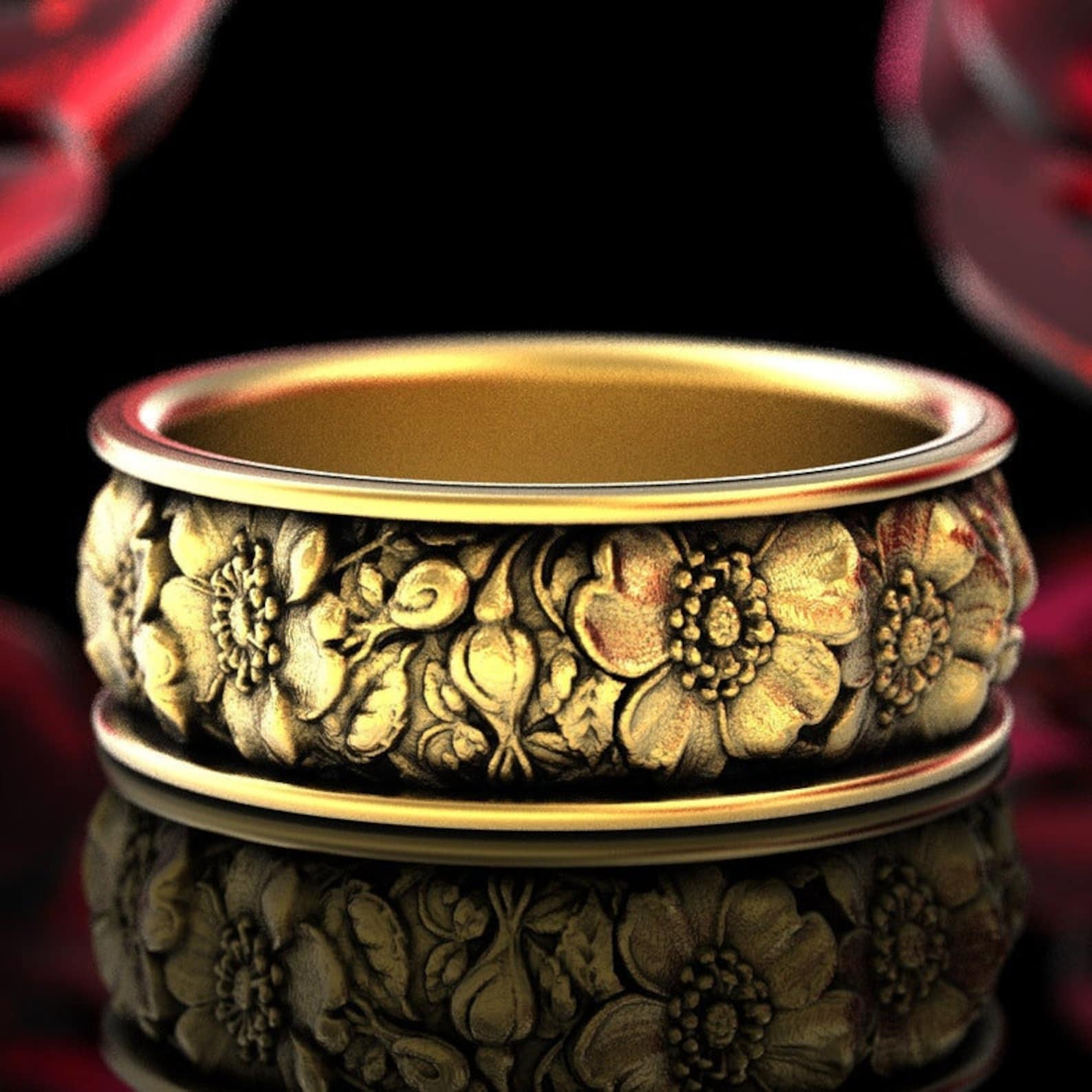 Gold Flower Wedding Ring Floral Ring Rose Wedding Band Gold Etsy