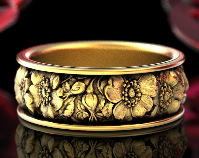 Gold Flower Wedding Ring, Floral Ring, Rose Wedding Band, Gold Rose Ring, Nature Inspired Ring, Platinum Flower Ring, Rose Jewelry, 5020