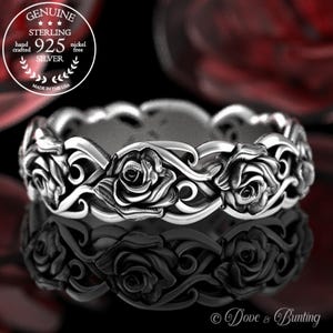 Sterling Silver Rose Wedding Ring, Womens Rose Flower Ring, Silver Flower Wedding Band, Elegant Floral Ring, Art Nouveau Rose Ring, 5006