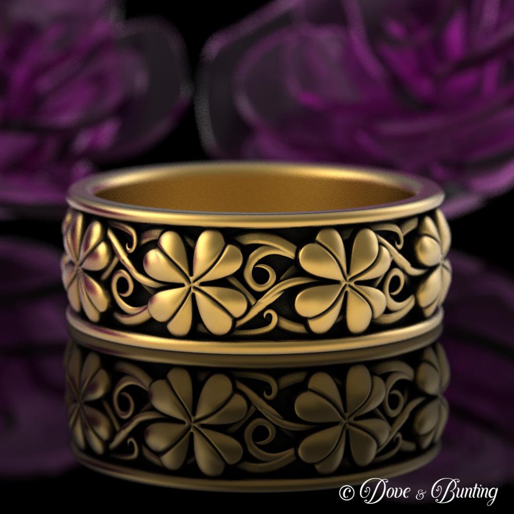 Mens Style Gold Four Leaf Clover Ring, 10K 14K Shamrock Groom Ring ...