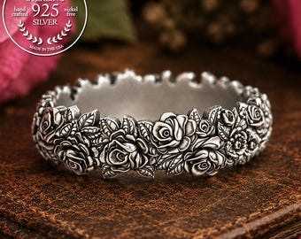 Sterling Silver Rose Ring, Rose Wedding Ring, Silver Floral Wedding Ring, Botanical Wedding Ring, Silver Flower Ring, Rose Jewelry, 1655